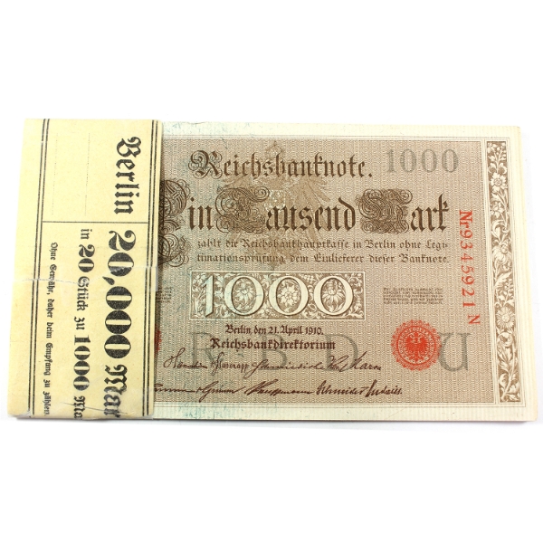 Bundle of Germany 1910 1000 Mark Consecutive SN: Nr9345921N-"40N. 20pcs.