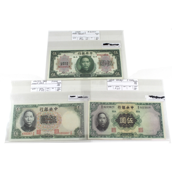 Group Lot of 3x China 1930-1936 5 Yuan & $5 Banknotes. 3pcs.