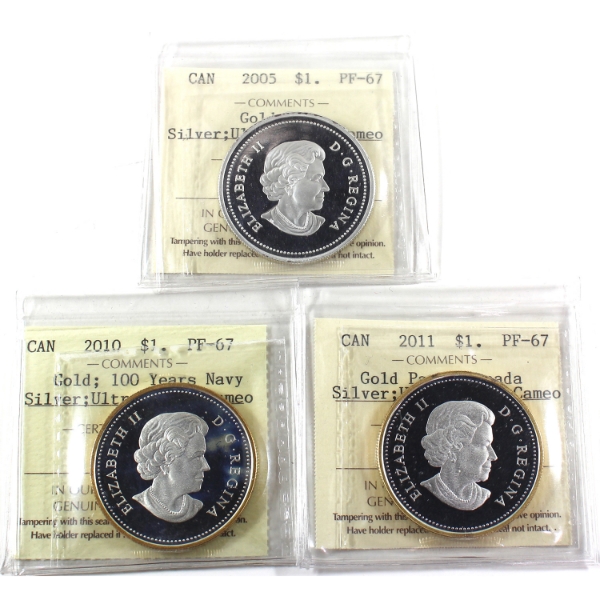 Silver $1 2005-2011 ICCS PF67 UHC w/ Selective Gold Plating. 3pcs.