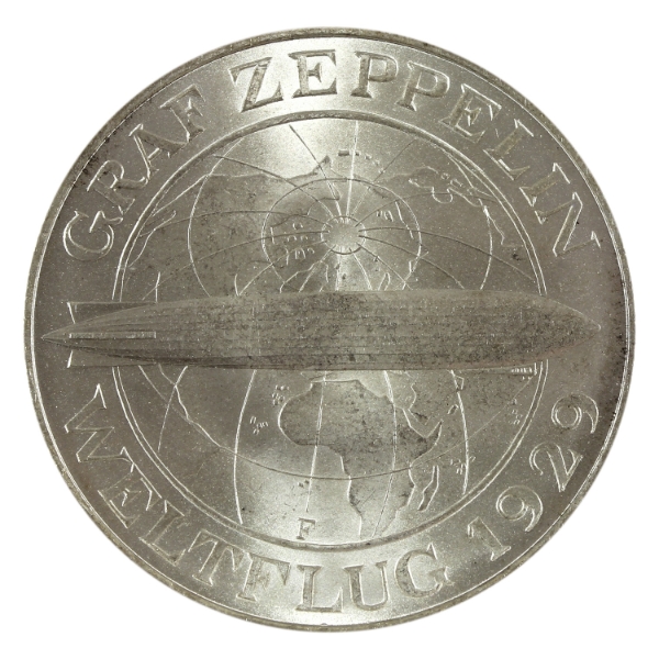 Germany-Weimar Republic Silver 1930F 5 Reichsmark Zeppelin GEM BU