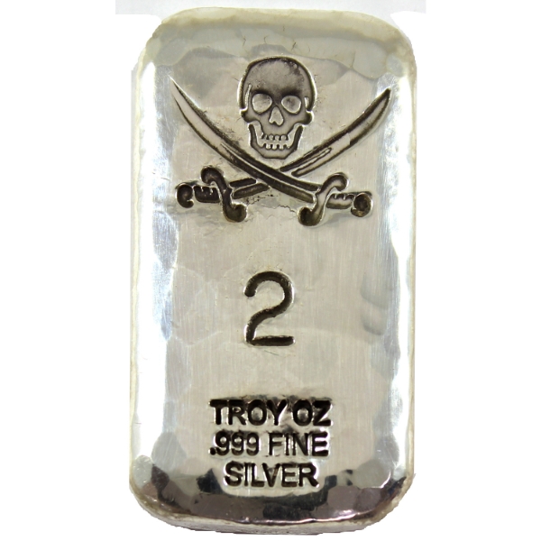 2oz RSSC Hammered Skull & Swords .999 Fine Silver Bar (Tax Exempt)