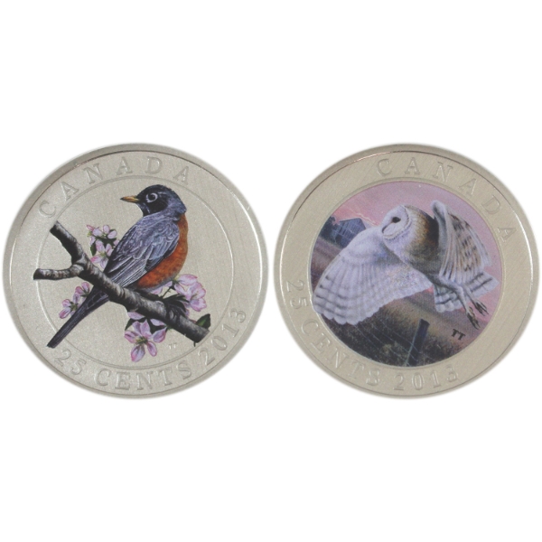 2x 25-cent 2013 Birds of Canada -  American Robin & Barn Owl. 2pcs. 