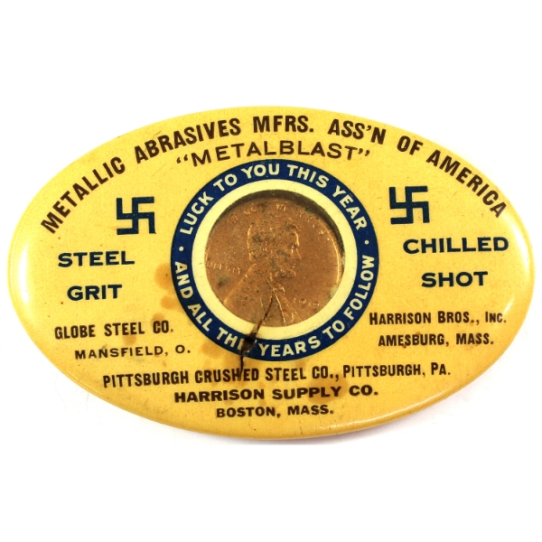 Vintage USA Metalblast Abrasives Mfrs Assoc. of America Lucky Penny Celluloid Button Pocket Mirror