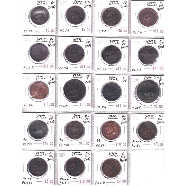 Bulk Lot of 1850-1857 Upper Canada Penny & Half Penny Tokens G to F-VF in 20-Pocket Sheet. 19pcs.