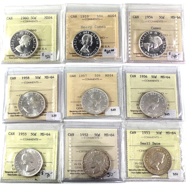 50-cent 1952-1960 ICCS MS64. 9pcs