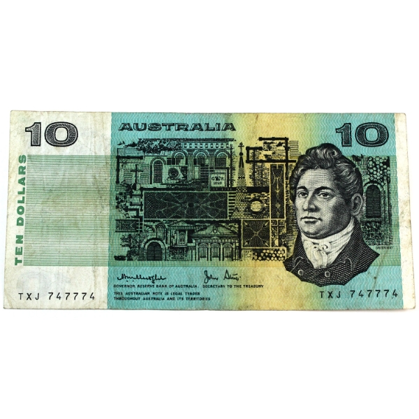 Australia 1979 Pick # 45c $10 'Neat Serial' Number Note, VF SN: TXJ 747774