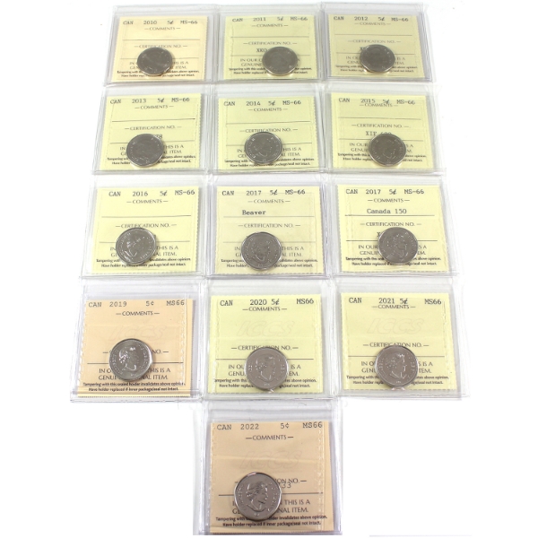 5-cent 2010-2022 ICCS MS66. 13pcs.