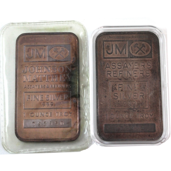 2x 1oz Johnson Matthey c.1980-1982 TD Bank .999 Silver Bars. 2x Different Versions (Tax Exempt)