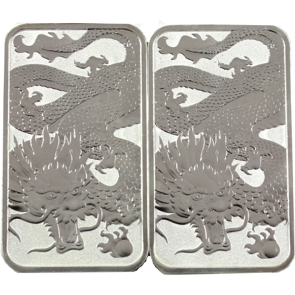 2x Australia 2022 $1 Dragon .9999 Fine Silver Bars. 2pcs. (Tax Exempt)