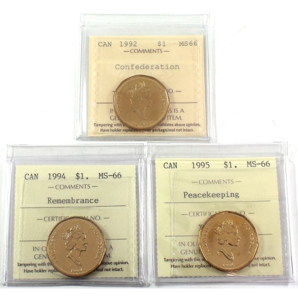 3x Loon $1 1992 Parliament, 1994 Memorial, & 1995 Peacekeeping ICCS MS66. 3pcs.