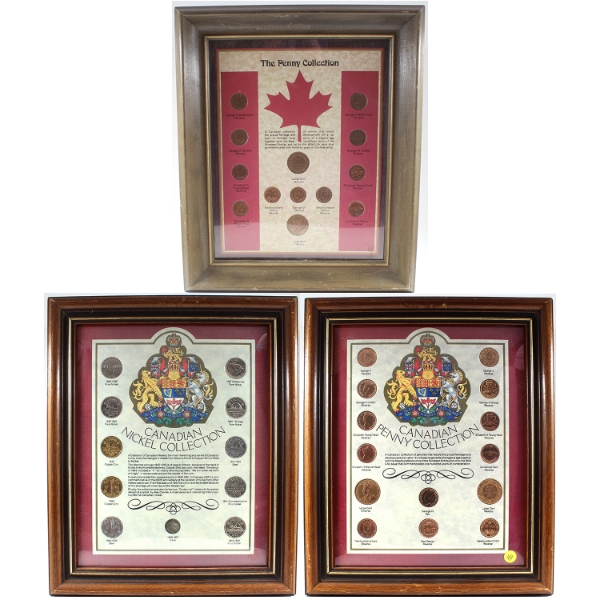 Group Lot of Canadian Coin Collections in Wooden Frames. 3pcs.