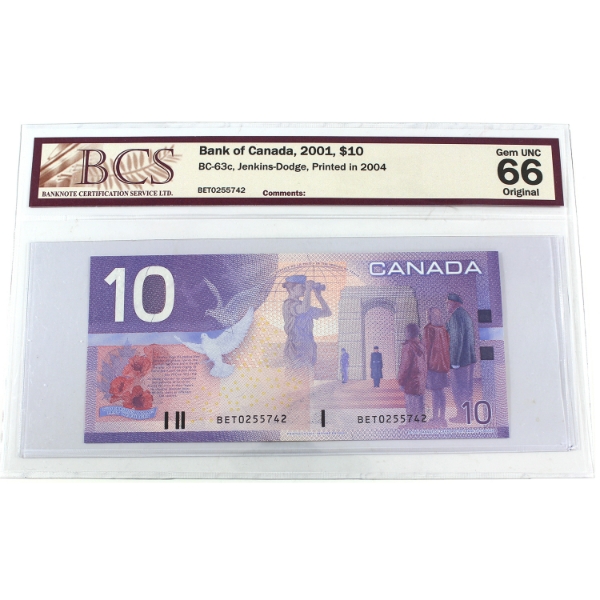 BC-63c 2001 $10 BCS GEM UNC66 Original Jenkins-Dodge Printed in 2004 SN: BET0255742