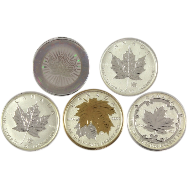 Group Lot of 2003-2015 Maple Leaf 1/20oz .9999 Fine Silver Coins. 5pcs. (Tax Exempt)