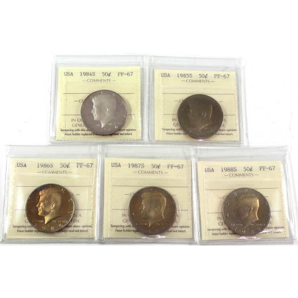 5x USA 1984S, 1985S, 1986S, 1987S, & 1988S Kennedy Half Dollars ICCS PF67 UHC. 5pcs.