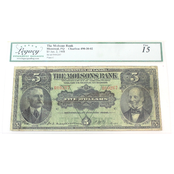 490-30-02 1908 $5 The Molsons Bank, Montreal Legacy F15 Macpherson-Various SN: 010267