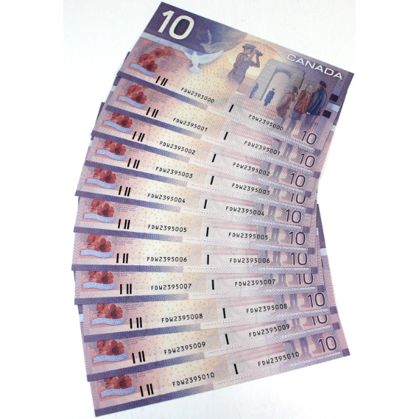 Consecutive 11x 2001 $10 Knight-Thiessen Bank of Canada Notes SN: FDW2395000-FDW2395010. 11pcs.