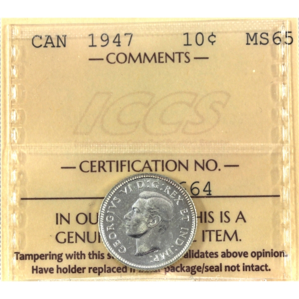 10-cent 1947 Maple Leaf ICCS MS65