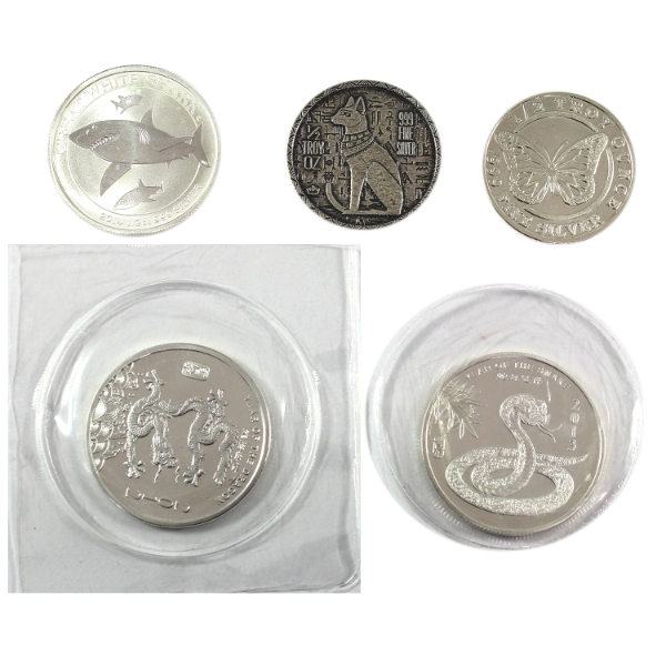 2.5oz Lot Total! Assorted 1/2oz .999 Fine Silver Rounds. 5pcs. (Tax Exempt)