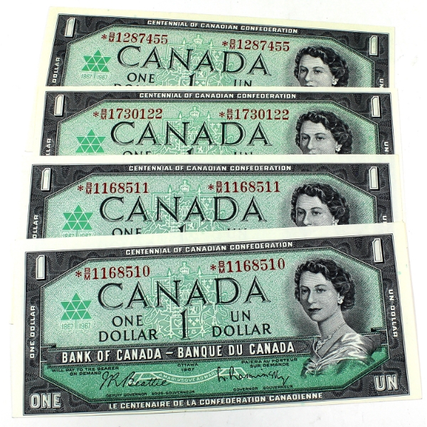 BC-45bA-i 1967 $1 UNC or Better Beattie-Rasminsky *B/M Replacement Notes. 4pcs.