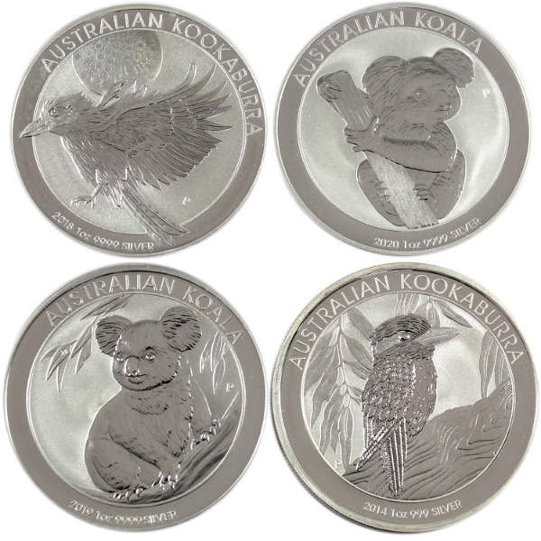 4x 1oz Australia 2014-2020 $1 Koala & Kookaburra .999 Fine Silver Coins. 4pcs (Tax Exempt)