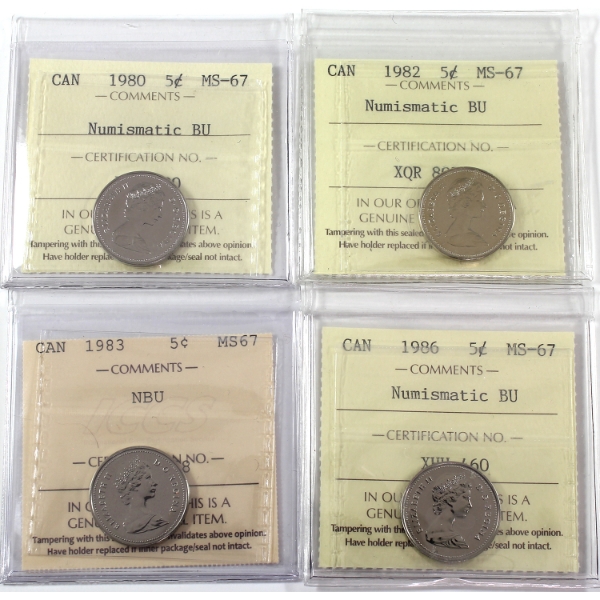 5-cent 1980-1986 ICCS MS67 NBU. 4pcs.
