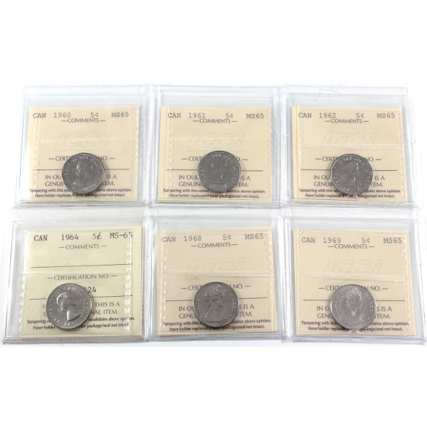 5-cent 1960, 1961, 1962, 1964, 1968, & 1969 ICCS MS65. 6pcs.