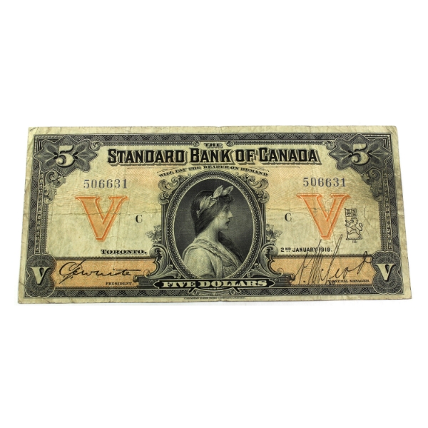 695-18-12 1919 $5 Standard Bank of Canada F-VF White-McLeod SN: 506631 ppC