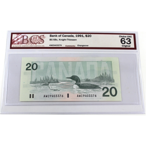 BC-58c 1991 $20 BCS CUNC63 Original Knight-Thiessen Changeover SN:AWC9403376