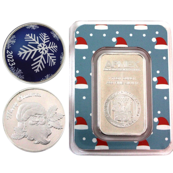 3x 1oz 2023 Merry Christmas Santa, Colorized Snow Flake &  Apmex .999 Silver Rounds & Bar. 3pcs.