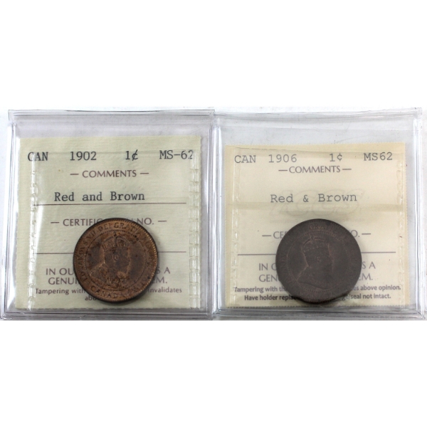 1-cent 1902 & 1906 ICCS MS62 Red & Brown. 2pcs.