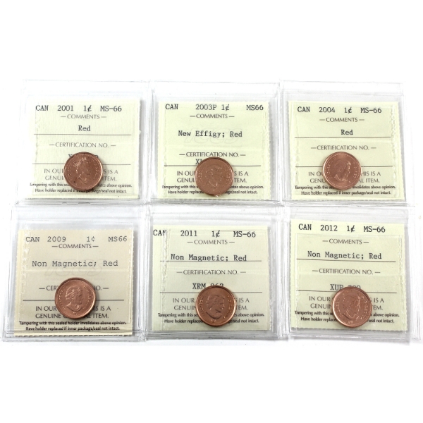 1-cent 2001-2012 ICCS MS66 Red. 6pcs.