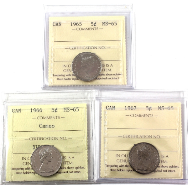 5-cent 1965, 1966 Cameo, & 1967 ICCS MS65. 3pcs.
