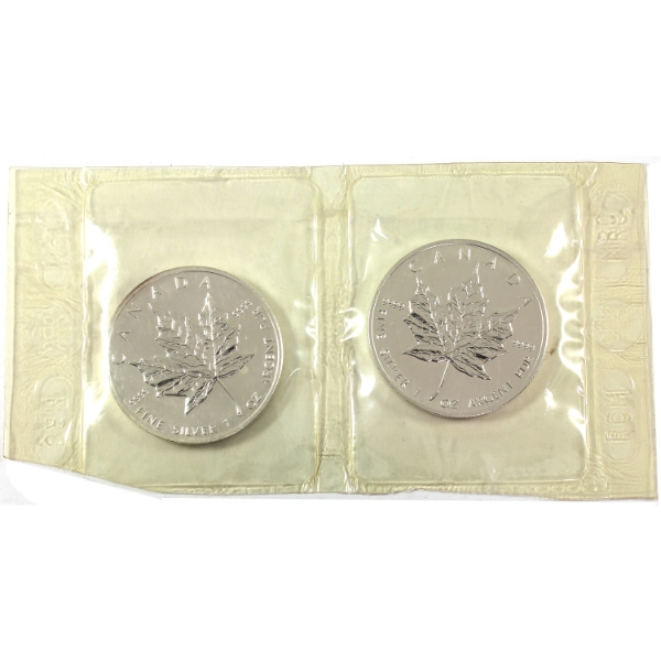 2x 1oz 1998 $5 Silver Maple Leaf .9999 Fine Silver Coins in Sealed Plastic Sheet. 2pcs. (Tax Exempt)