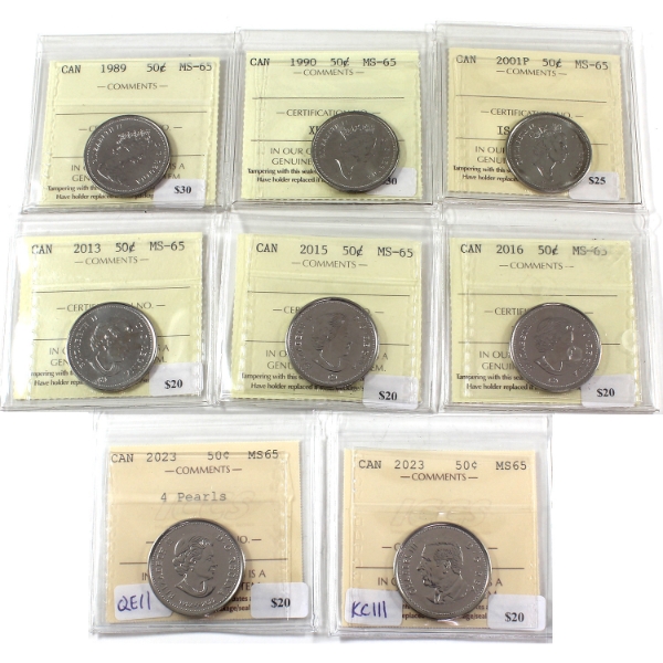 50-cent 1989, 1990, 2001P, 2013, 2015, 2016, 2023 4 Pearls QEII & 2023 KCIII ICCS MS65. 8pcs