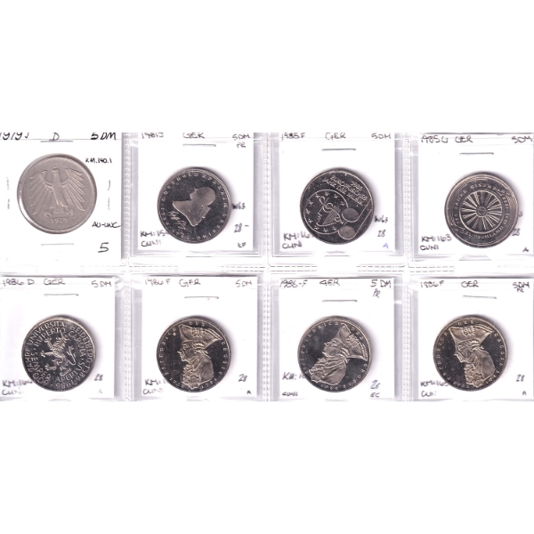 Bulk Collection Germany 5 Mark 1979-1986 in 8-Pocket Sheet. 8pcs