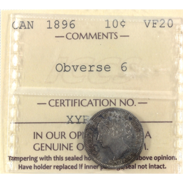 10-cent 1896 Obverse 6 ICCS VF20
