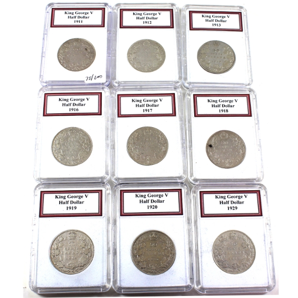 50-cent 1911, 1912, 1913, 1916, 1917, 1918, 1919, 1920 & 1929 King George V. 9pcs
