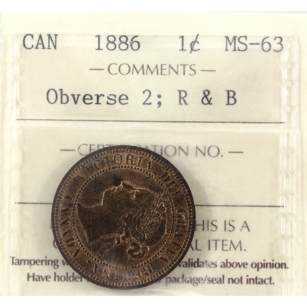 1-cent 1886 Obverse 2 ICCS MS63 Red & Brown