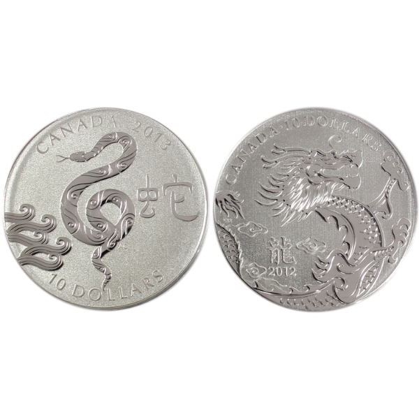 2012 Year of the Dragon & 2013 Year of the Snake $10 1/2oz .9999 Fine Silver Coins. 2pcs. 