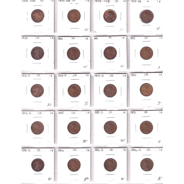 Bulk Lot of USA 1909-1952 Cents in 20-Pocket Sheets, Rarer Dates & Variety of Mint Marks. 52pcs.