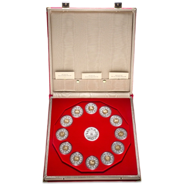 1998-2009 Lunar $15 Sterling Silver Gold Cameo Complete Set in Original Display w/ Sterling Medal