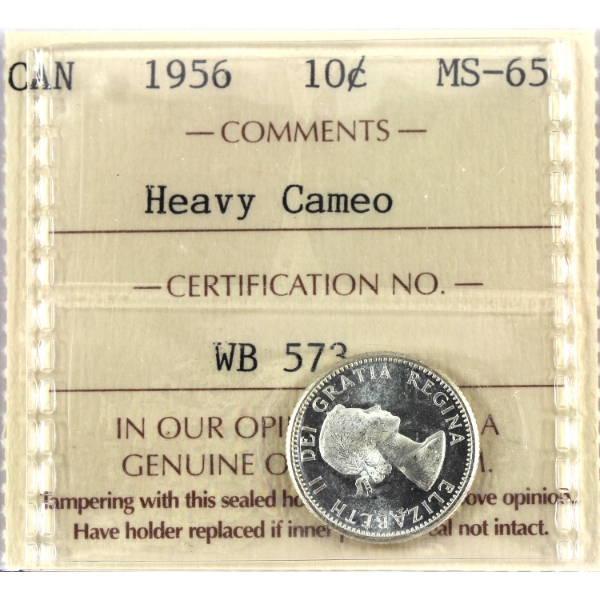 10-cent 1956 ICCS MS65 Heavy Cameo