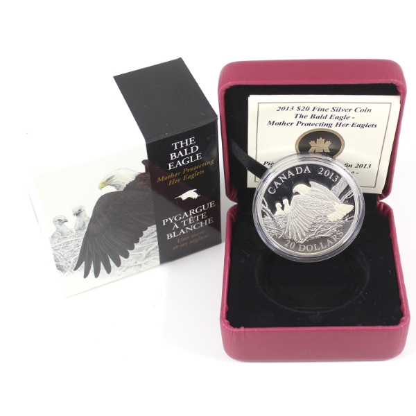 2013 $20 The Bald Eagle - Mother Protecting Her Eaglets .9999 Fine Silver Coin (Tax Exempt)