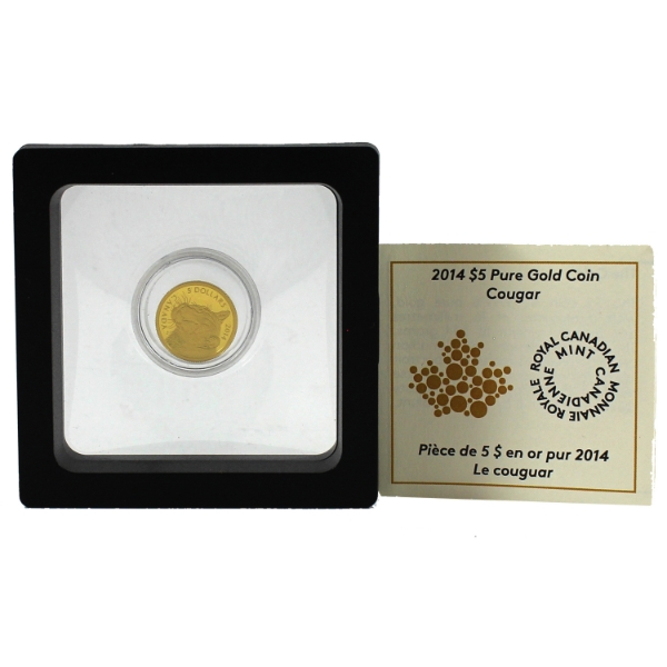 2014 Gold $5 Cougar 1/10oz .9999 Fine Gold Coin in Floating Frame (Tax Exempt)