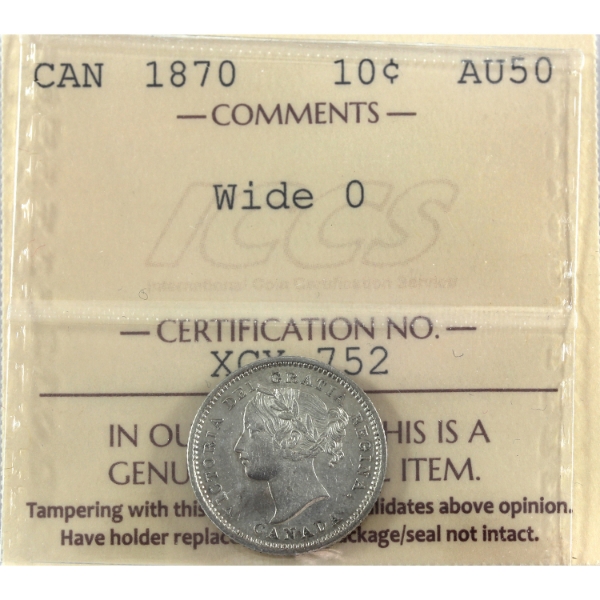 10-cent 1870 Wide 0 1/1 8/8 ICCS AU50