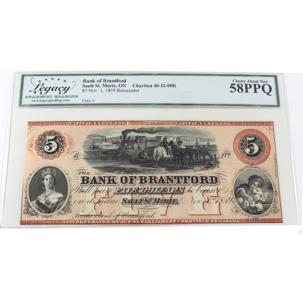 40-12-08R 1859 $5 The Bank of Brantford Remainder Legacy Choice AU58 PPQ Payable at Sault St. Marie
