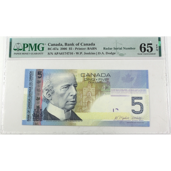 RADAR BC-67a 2006 $5 4 Digit RADAR PMG GEM UNC65 EPQ Jenkins-Dodge SN: APA6174716