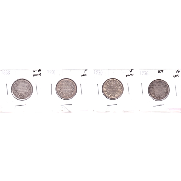 25-cent 1888 G-VG (nick), 1901 F (imp), 1930 VF (clnd) & 1936 Dot VG (scr) in 4-Pocket Sheet. 4pcs