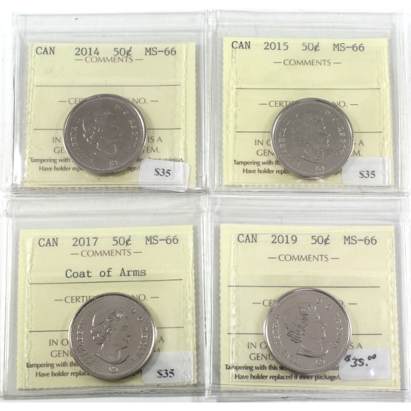 50-cent 2014, 2015, 2017 Coat of Arms & 2019 ICCS MS66. 4pcs