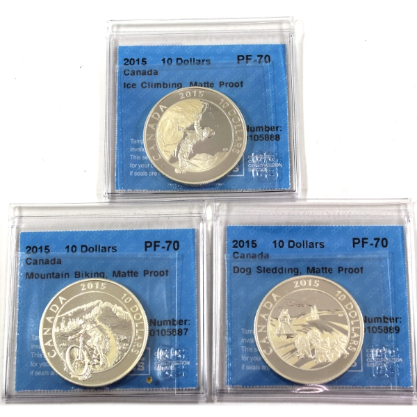 2015 $10 Adventure Canada .9999 Fine Silver Coins CCCS PF70. 3pcs. (Tax Exempt)